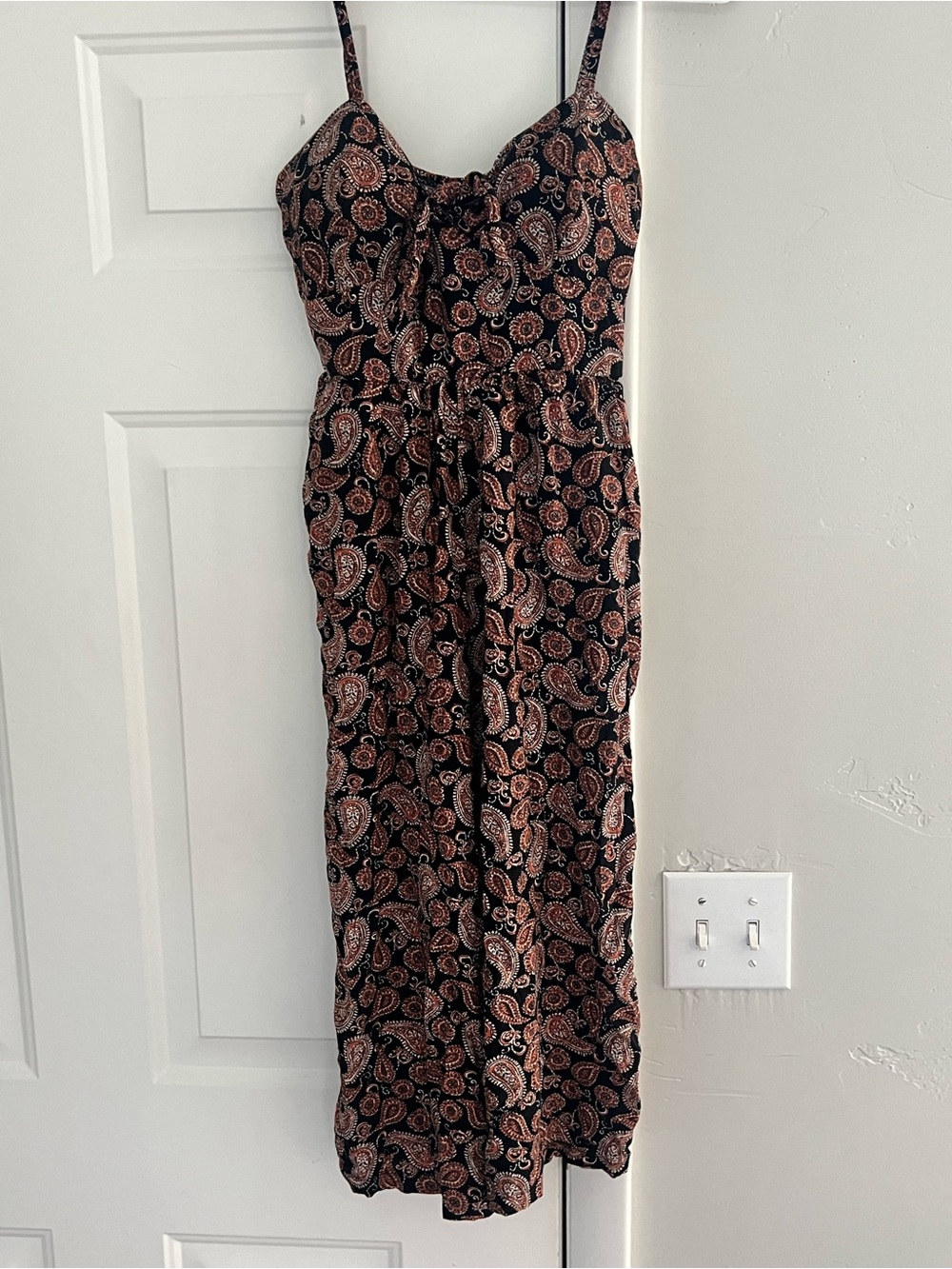 AUW Black Paisley Spaghetti-Strap Jumpsuit with Rust Accents